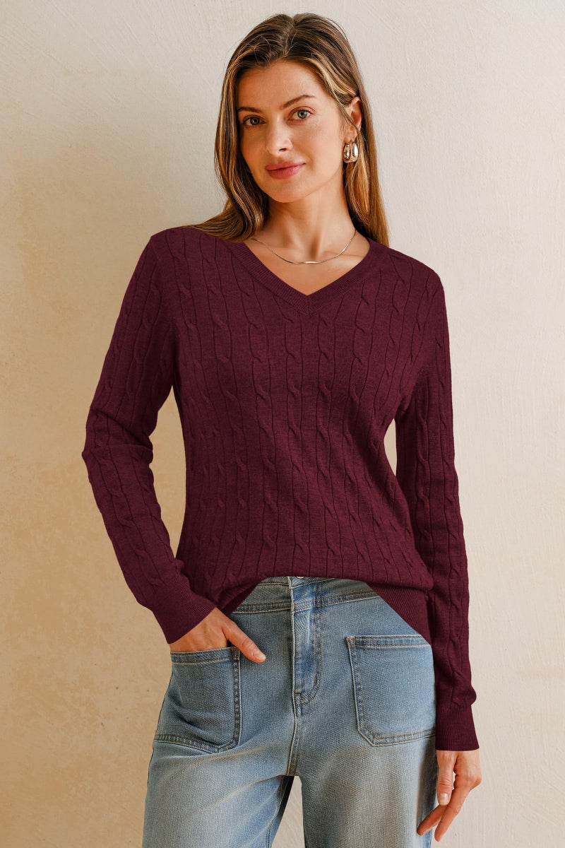 Arach&Cloz Sweater for Women 2025 Fall Fashion Clothes V Neck Long Sleeve Cute Cable Tops Dressy Business Casual Trendy Teacher Outfits Cashmere Shirts Wine Red XL - Image 2