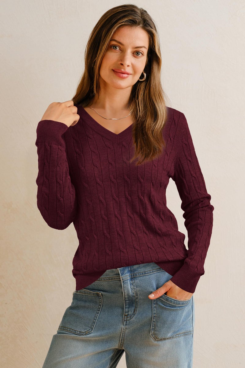 Arach&Cloz Sweater for Women 2025 Fall Fashion Clothes V Neck Long Sleeve Cute Cable Tops Dressy Business Casual Trendy Teacher Outfits Cashmere Shirts Wine Red XL - Image 3