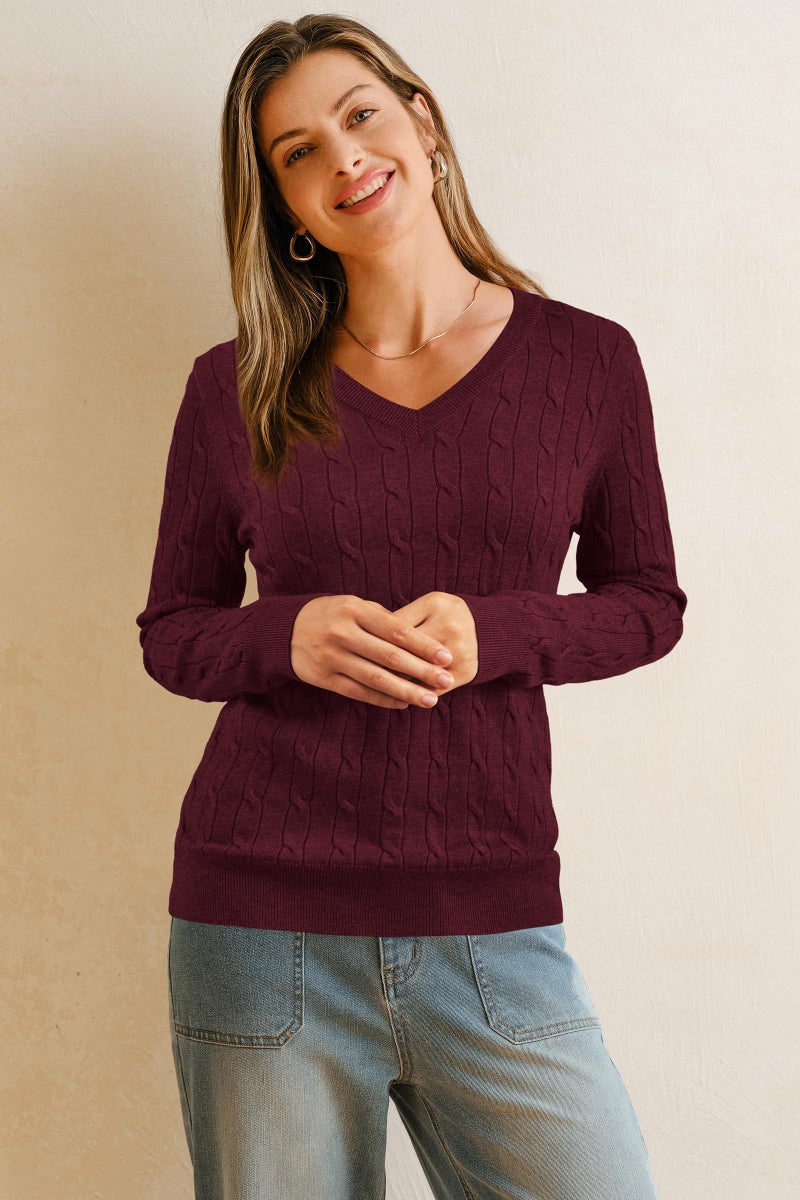 Arach&Cloz Sweater for Women 2025 Fall Fashion Clothes V Neck Long Sleeve Cute Cable Tops Dressy Business Casual Trendy Teacher Outfits Cashmere Shirts Wine Red XL - Image 4