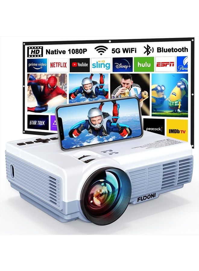 FUDONI Projector with WiFi and Bluetooth, 5G WiFi Native 1080P 10000L 4K Supported, FUDONI Portable Outdoor Projector with Screen for Home Theater, Compatible with HDMI/USB/PC/TV Box/iOS and Android Phone - Image 1