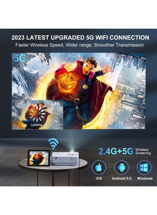 FUDONI Projector with WiFi and Bluetooth, 5G WiFi Native 1080P 10000L 4K Supported, FUDONI Portable Outdoor Projector with Screen for Home Theater, Compatible with HDMI/USB/PC/TV Box/iOS and Android Phone - Image 2