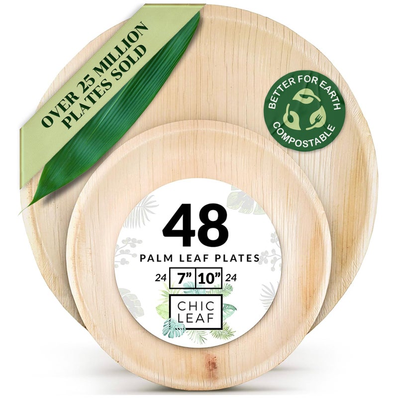 Chic Leaf Palm Leaf Disposable Bamboo Plates  Round Party Plates for Parties  Event Appetizers  Biodegradable  Compostable  Party Supplies 10  7 48 Pack
