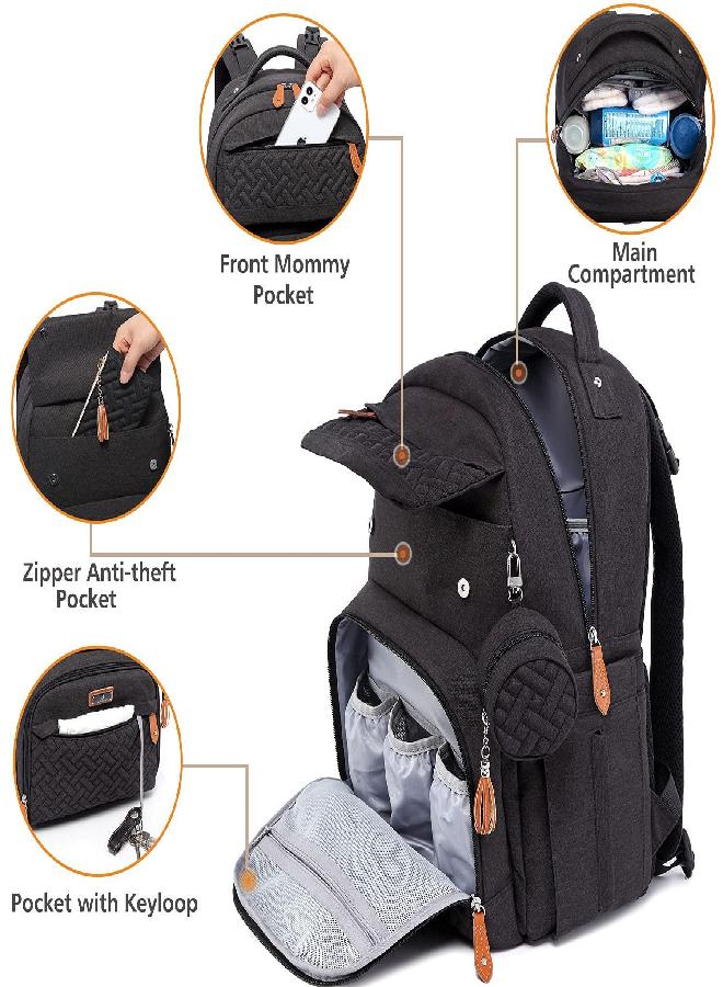 BabbleRoo Diaper Bag Backpack, Travel Backpack with Changing Pad, Pacifier Case & Stroller Straps, Multifunction, Waterproof, Unisex - Black - Image 3