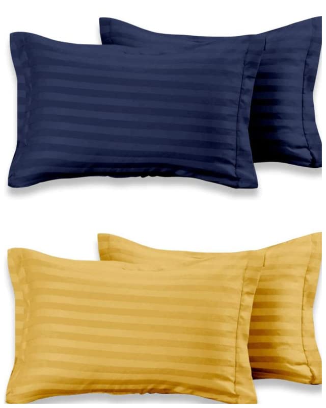 YFH Creative Super Soft Breathable Brushed Microfiber Cotton 220 GSM Luxurious Striped Pillow Covers Combo Set of 4 Peices- 18"x 28", Yellow & Blue - Image 1
