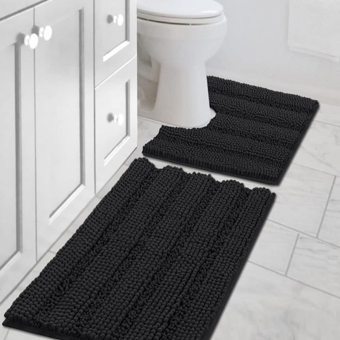 HVERSAILTEX BATHROOM RUGS BATH RUG SET 2 PIECE BATHROOM CONTOUR RUG TOILET MAT SETS NON SLIP CONTOUR BATH RUG SET ULTRA THICK WATER ABSORBENT STRIPED WASHABLE20 X 32 PLUS 20 X 20 U BLACK