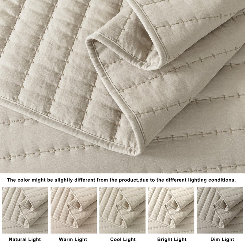 ROARINGWILD Neutral Beige Queen Size Quilt Bedding Sets with 2 Pillow Shams, Full Lightweight Soft Bedspread Coverlet, Quilted Blanket Thin Comforter Bed Cover for All Season, 3 Pieces, 90x90 inches - Image 4