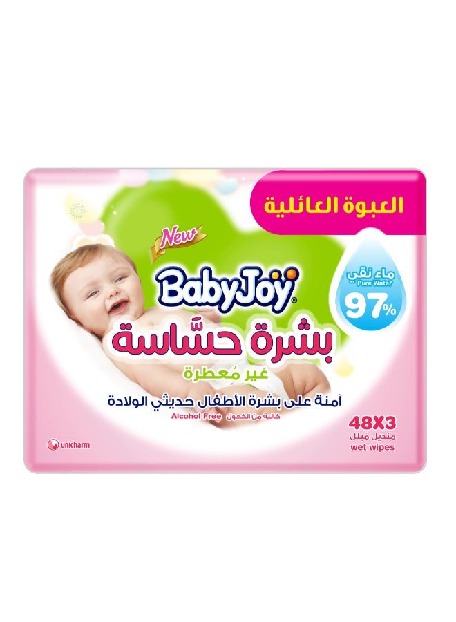 بيبي جوي مناديل مبللة غير معطرة للبشرة الحساسة، عبوة عائلية تتضمن 144 منديل - Image 1