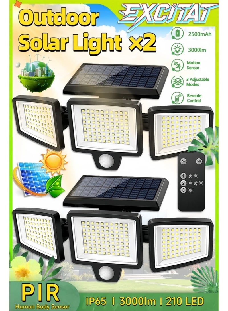 excitat 2-Piece Solar Street Lights 210 LED Super Bright Solar LED Light Outdoor Street Lamp 3 Light Mode Motion Sensor, 3000lm, 6500K, 2500mAh Battery, 10-Hour Runtime, 270° Wide-Angle Lighting, IP65 Waterproof Garden Light, Polycrystalline Solar Panel, Remote Control, Remote Control, for Patio, Fence, Garage, Pathway, and Yard - Image 1