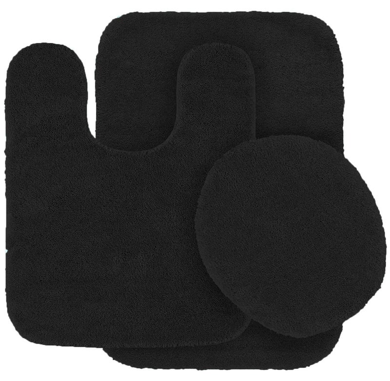 Linen Plus 3pc Solid Non Slip Soft Bath Rug Set for Bathroom U-Shaped Contour Rug, Mat and Toilet Lid Cover New Angela (Black) - Image 4