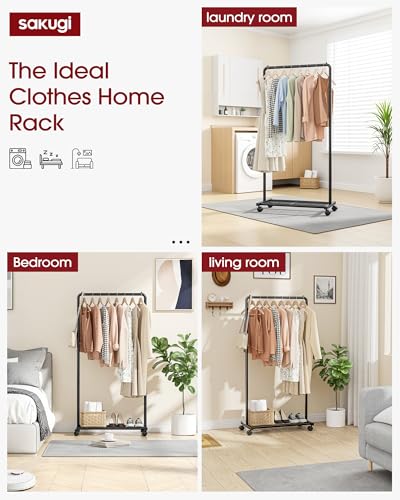 Sakugi Clothes Rack - Clothing Rack with Storage Mesh Shelf & Casters, Heavy-Duty Metal Clothing Rack for Hanging Clothes, Dresses, Coats, Large Load Capacity, Easy Assembly, Black, 28.0"x16.9"x59.0" - Image 3