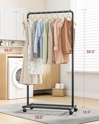Sakugi Clothes Rack - Clothing Rack with Storage Mesh Shelf & Casters, Heavy-Duty Metal Clothing Rack for Hanging Clothes, Dresses, Coats, Large Load Capacity, Easy Assembly, Black, 28.0"x16.9"x59.0" - Image 5
