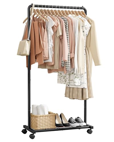 Sakugi Clothes Rack - Clothing Rack with Storage Mesh Shelf & Casters, Heavy-Duty Metal Clothing Rack for Hanging Clothes, Dresses, Coats, Large Load Capacity, Easy Assembly, Black, 28.0"x16.9"x59.0" - Image 1
