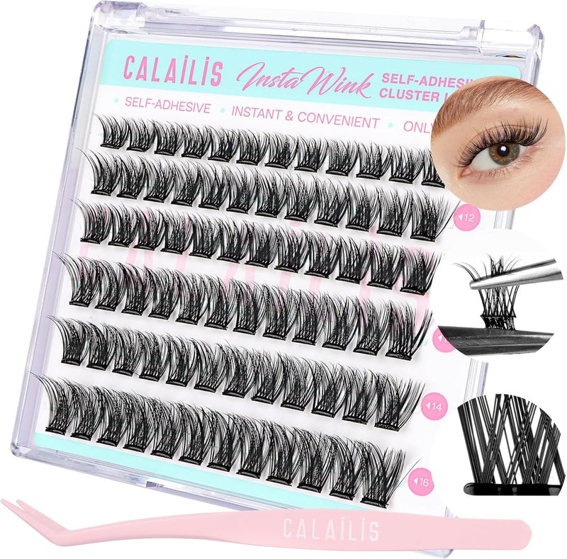 CALAILIS Pre Glued Cluster Lashes Self Adhesive Eyelashes No Glue Needed 72Pcs D Curl Reusable Pre Glued Eyelashes Wispy Cluster Lashes Kit with Tweezers for Beginners ZBP10