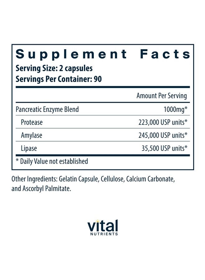 Vital Nutrients Pancreatic Enzymes 1000mg (Full Strength) | Pancreatin Digestion Supplement with Protease, Amylase & Lipase | Digestive Enzymes | Gluten, Dairy, and Soy Free | 180 Capsules - Image 2