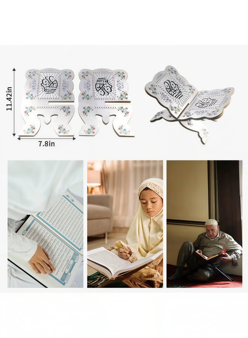 حامل عرض مصحف خشبي قابل للطي، حامل مزخرف للقرآن الكريم، حامل كتاب مقدس إسلامي لعيد مبارك، حامل عرض للكتب المقدسة والمجلات والكتب الدينية المكتوبة بخط عربي، حامل كتاب مصحف للقراءة والصلاة (فضي) - Image 3
