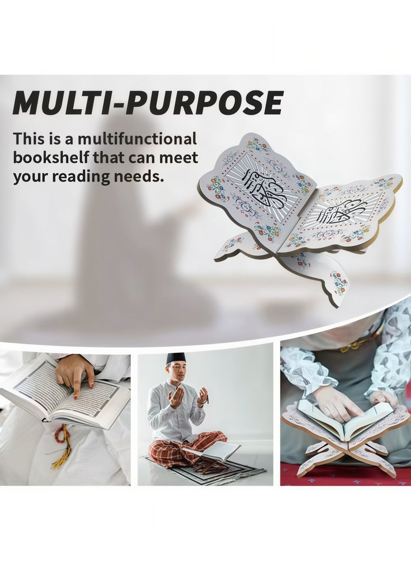 حامل عرض مصحف خشبي قابل للطي، حامل مزخرف للقرآن الكريم، حامل كتاب مقدس إسلامي لعيد مبارك، حامل عرض للكتب المقدسة والمجلات والكتب الدينية المكتوبة بخط عربي، حامل كتاب مصحف للقراءة والصلاة (فضي) - Image 4