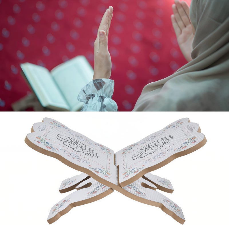 حامل عرض مصحف خشبي قابل للطي، حامل مزخرف للقرآن الكريم، حامل كتاب مقدس إسلامي لعيد مبارك، حامل عرض للكتب المقدسة والمجلات والكتب الدينية المكتوبة بخط عربي، حامل كتاب مصحف للقراءة والصلاة (فضي) - Image 5