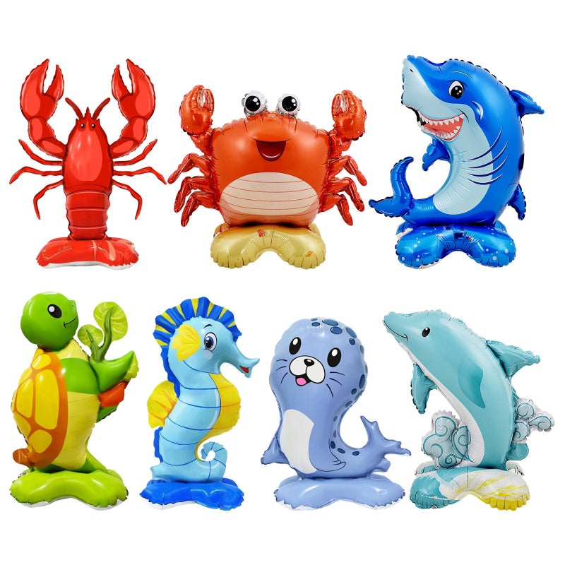 YiYou 7 Pcs Ocean Animal Balloons - Standing Turtle Seahorse Dolphin Shark Crab Lobster Sea Lion Foil Balloons for Under The Sea Themed Party Decorations - Image 1