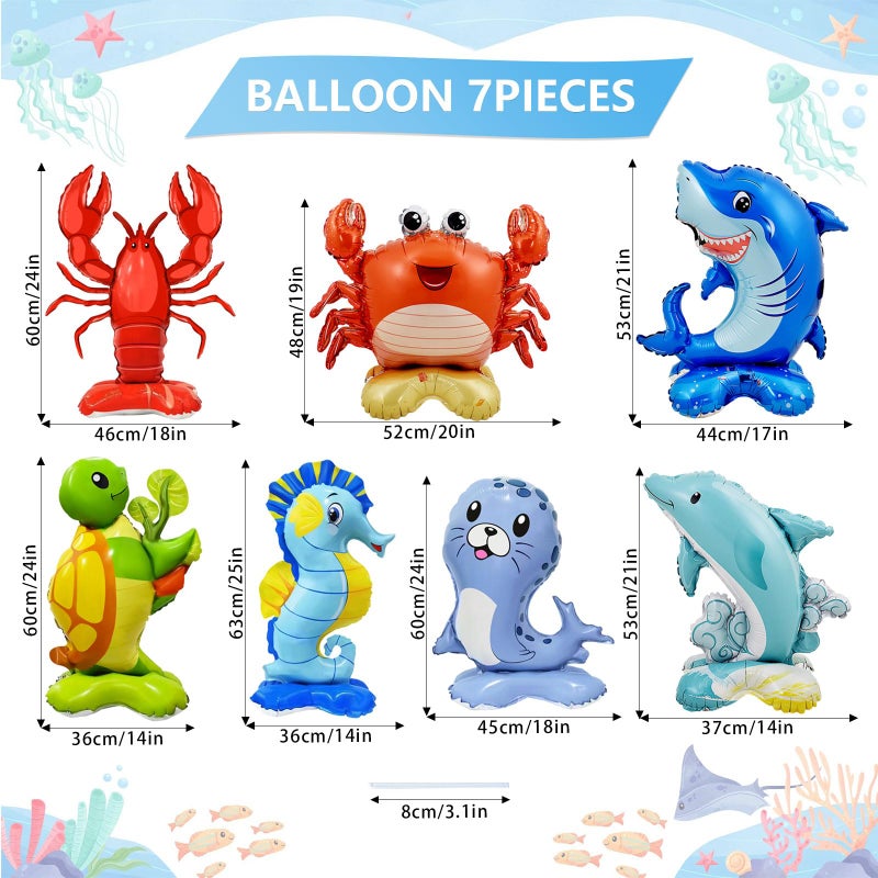 YiYou 7 Pcs Ocean Animal Balloons - Standing Turtle Seahorse Dolphin Shark Crab Lobster Sea Lion Foil Balloons for Under The Sea Themed Party Decorations - Image 2