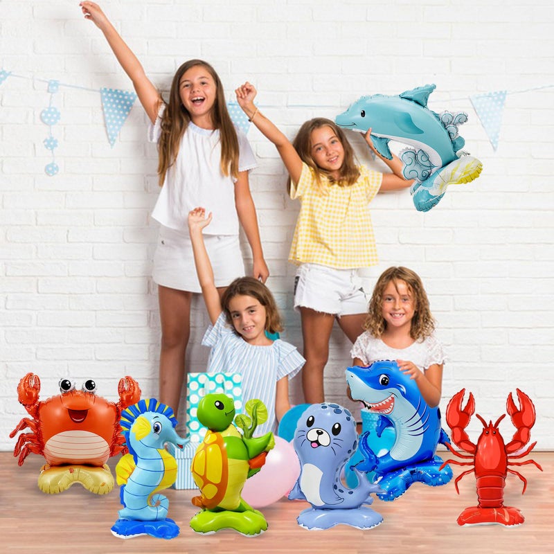 YiYou 7 Pcs Ocean Animal Balloons - Standing Turtle Seahorse Dolphin Shark Crab Lobster Sea Lion Foil Balloons for Under The Sea Themed Party Decorations - Image 5