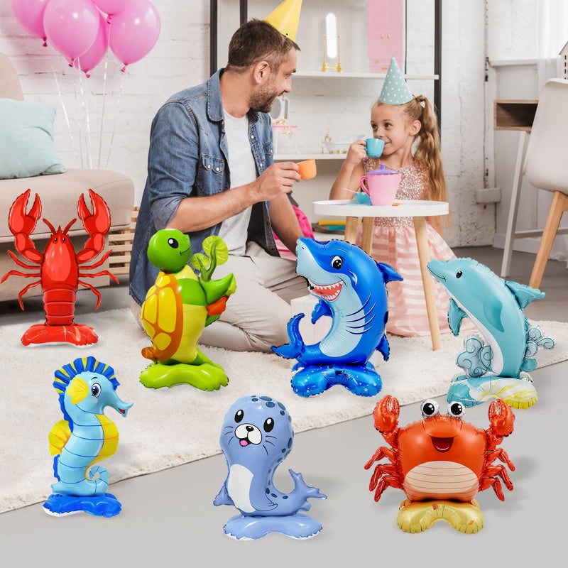 YiYou 7 Pcs Ocean Animal Balloons - Standing Turtle Seahorse Dolphin Shark Crab Lobster Sea Lion Foil Balloons for Under The Sea Themed Party Decorations - Image 4