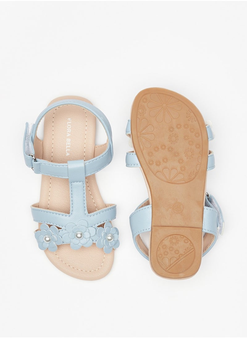Flora Bella By Shoexpress - Girls Pearl Studded Floral Applique Strap Sandals with Hook and Loop Closure - Image 1