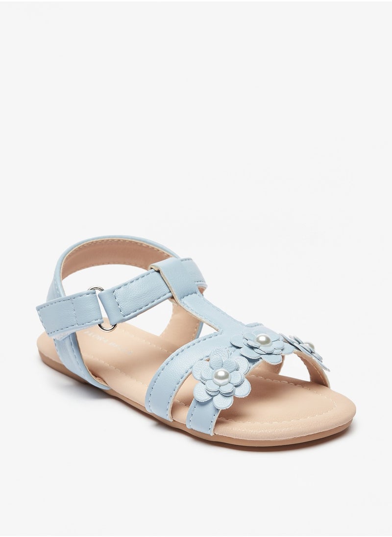 Flora Bella By Shoexpress - Girls Pearl Studded Floral Applique Strap Sandals with Hook and Loop Closure - Image 1