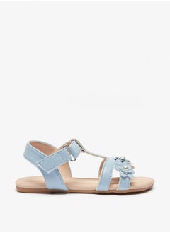 Girls Pearl Studded Floral Applique Strap Sandals with Hook and Loop Closure