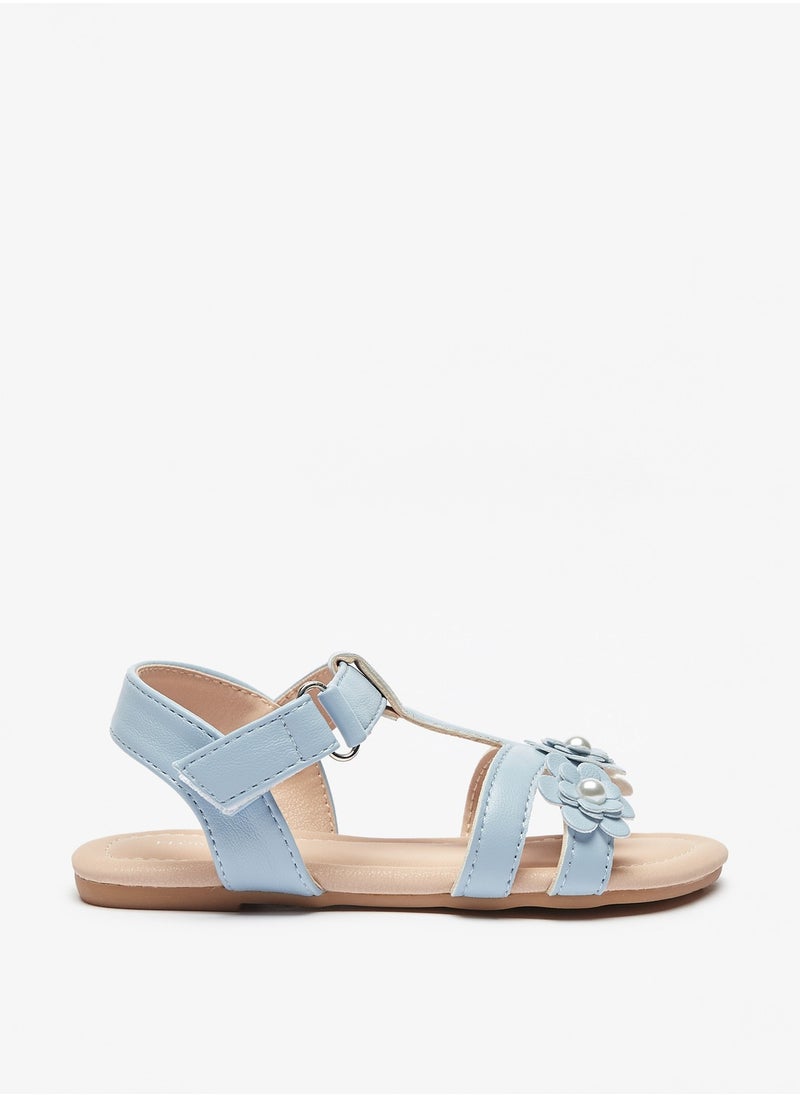 Flora Bella By Shoexpress - Girls Pearl Studded Floral Applique Strap Sandals with Hook and Loop Closure - Image 1