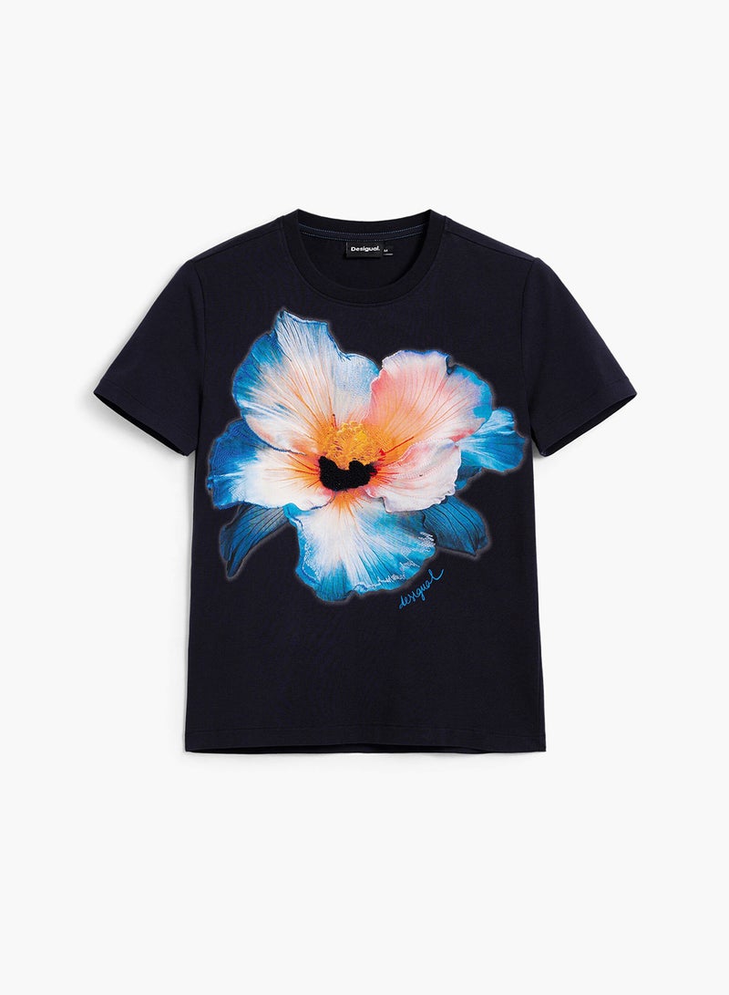DESIGUAL Fitted T-Shirt With A Round Neck And Short Sleeves Featuring A Large Flower Print On The Front. - Image 4