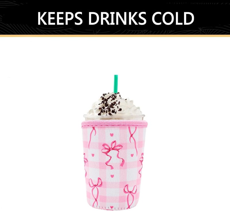 واي آر Reusable Neoprene Insulator Sleeve for Iced Coffee Cups, 3 Pack Coffee Coolies sleeves for Iced  Hot Drinks, Cold Beverage Cooler Compatible with Starbucks Coffee and More (Cute Bows) - Image 5
