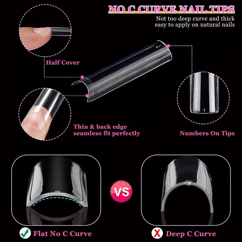 AITRAI 500 Pcs Square Nail Tips, AITRAI Long Nail Tips for Acrylic Nails Professional False Clear Acrylic Nail Kit with Glue, Adhesive Tabs Nail Clipper Files for Art DIY - Image 4