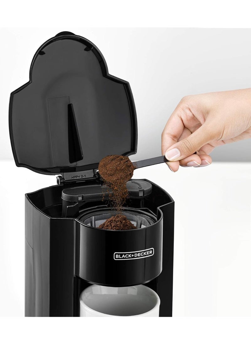 BLACK&DECKER Coffee Maker, 350W, 125ml Water Tank, Compact One-Cup Coffee Machine with Ceramic Mug, Auto Shut-Off, Durable Nylon Filter, One-Button Control, For Drip Espresso, Black  - Image 2