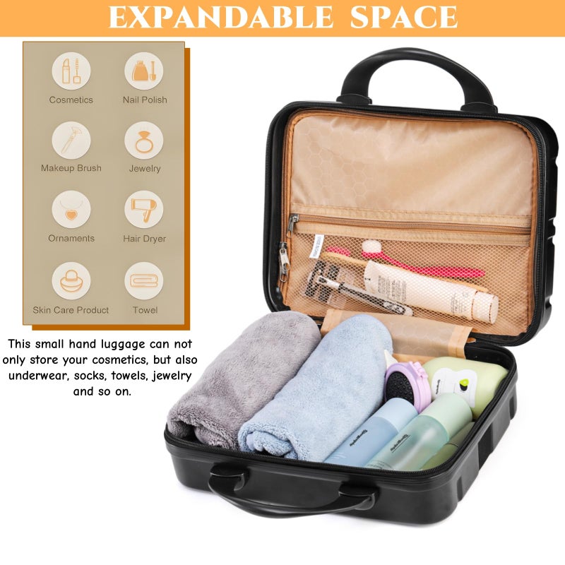 Acshio Mini Hard Shell Cosmetic Travel Case, 12 Inch Small Portable Makeup Train Case with Elastic Band Handle, Pressure-proof ABS Carrying Suitcase Toiletry Box for Travel, Camping, Black - Image 3