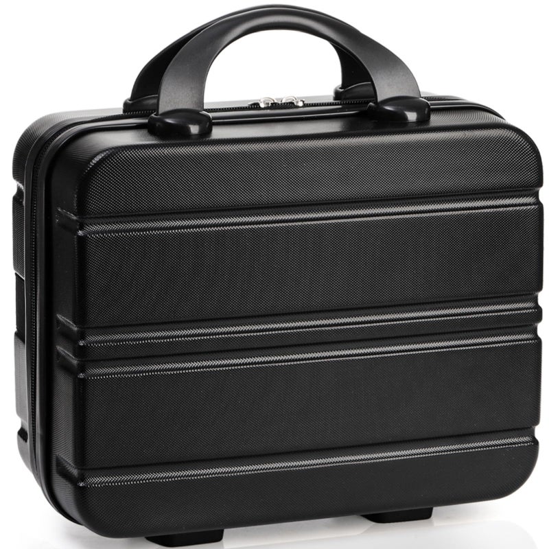 Acshio Mini Hard Shell Cosmetic Travel Case, 12 Inch Small Portable Makeup Train Case with Elastic Band Handle, Pressure-proof ABS Carrying Suitcase Toiletry Box for Travel, Camping, Black - Image 1