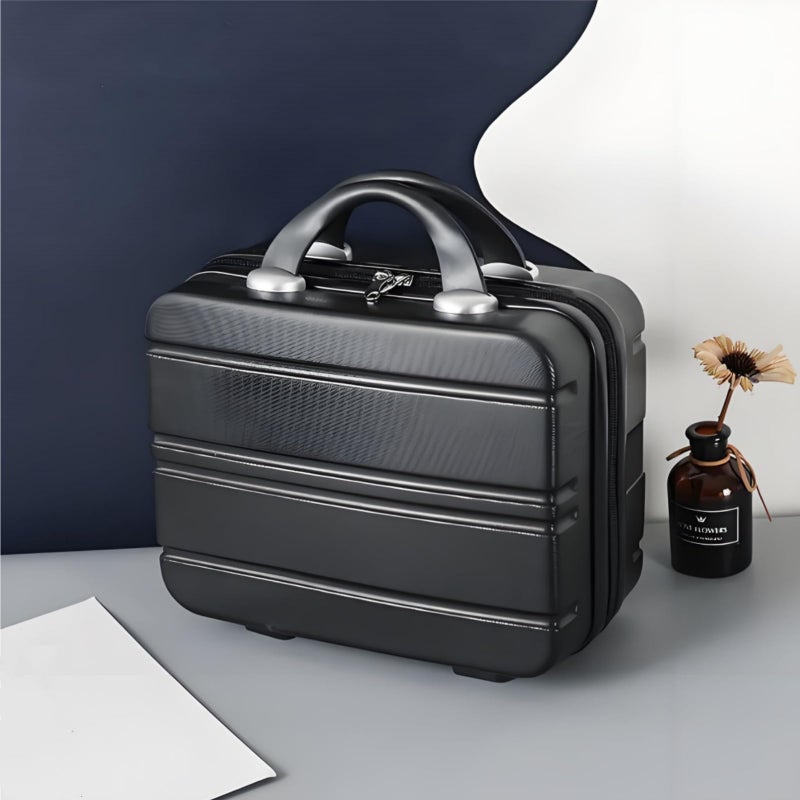 Acshio Mini Hard Shell Cosmetic Travel Case, 12 Inch Small Portable Makeup Train Case with Elastic Band Handle, Pressure-proof ABS Carrying Suitcase Toiletry Box for Travel, Camping, Black - Image 5