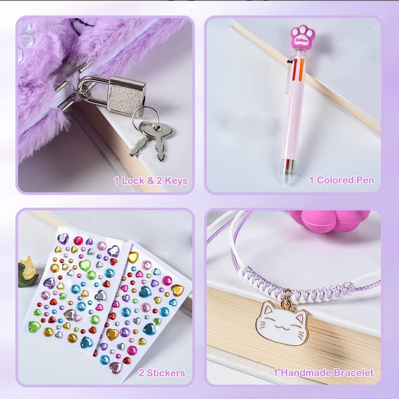 PJDRLLC Diary for Girls with Lock and Keys, Kids Journal Travel Notebook for Writing, Cute Secret Diary with Multicolored Pen, Stickers, Bracelet, Practical Gift for Birthday, Easter (A Cute Cat) - Image 5