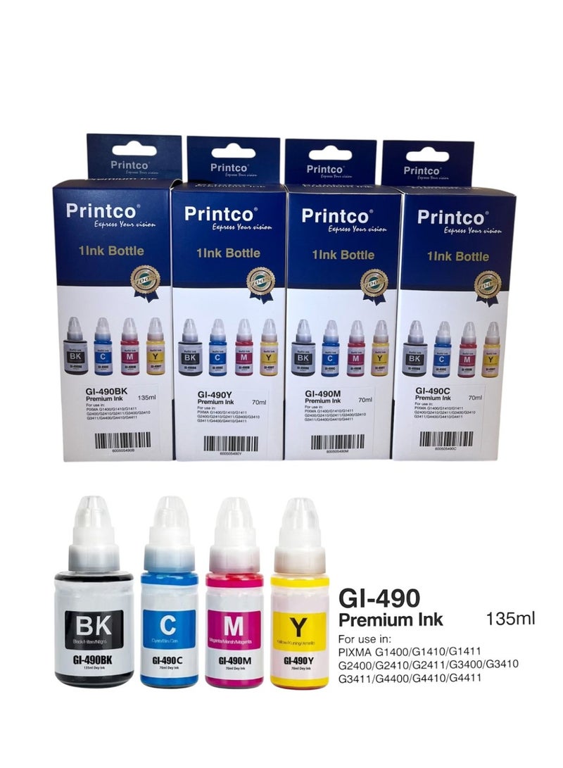 Printco Ink 490 High-Yield Compatible Ink Refill Set — For Canon PIXMA G1400 G2400 G3400 G3411 G1410 G1411 G2410 G2411 G2415 G3410 G3415 G3416 G4400 G4410 G4411 — Black, Cyan, Magenta, Yellow (Full Set, Up to 7000 Pages) - Image 1