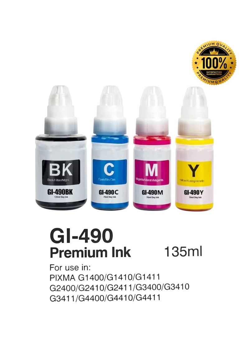 Printco Ink 490 High-Yield Compatible Ink Refill Set — For Canon PIXMA G1400 G2400 G3400 G3411 G1410 G1411 G2410 G2411 G2415 G3410 G3415 G3416 G4400 G4410 G4411 — Black, Cyan, Magenta, Yellow (Full Set, Up to 7000 Pages) - Image 2
