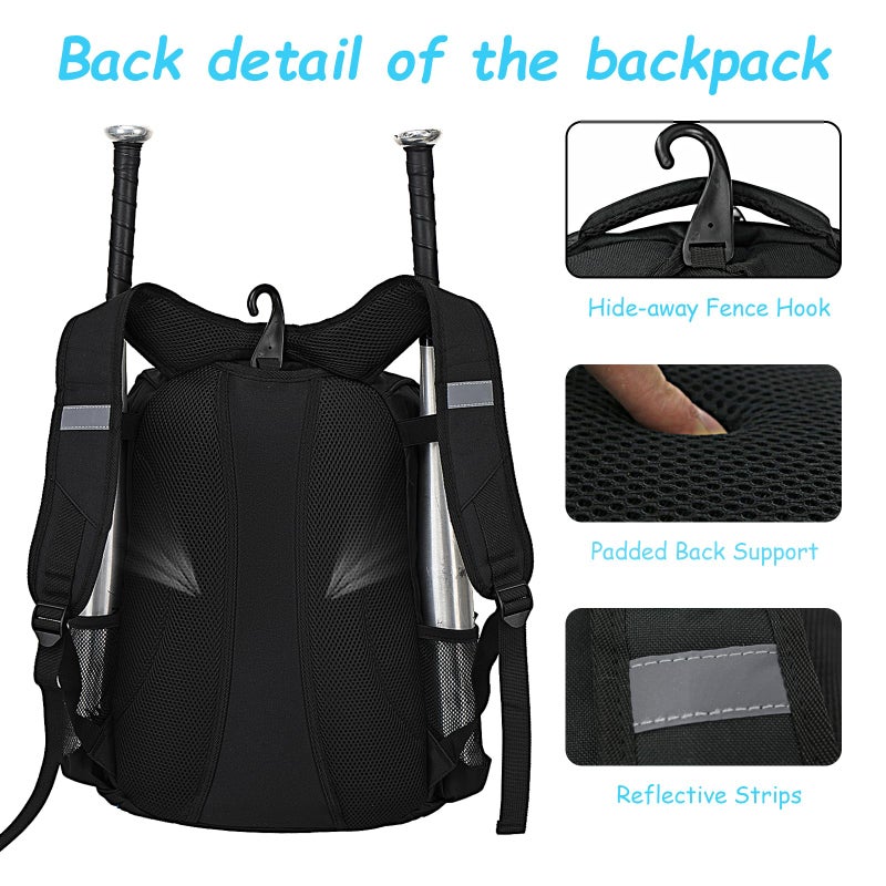 LARIPOP Youth Baseball Bat Backpack with Fence Hook, Separate Shoe Compartment, Waterproof Storage Bag for Bats, Helmet, Gloves, Cleats, Ideal for Baseball, Softball & T-Ball Players - Image 4