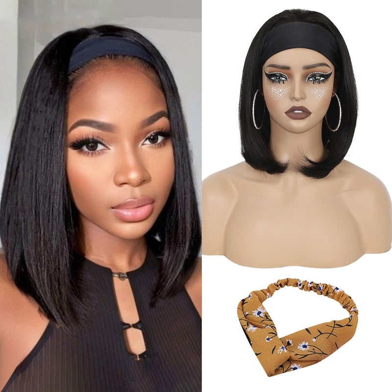 QUEENTAS 14" Headband Wig for Women Black Bob Straight Synthetic Headband Wigs Glueless Shoulder Length Hair Easy Wear Wigs(Natural Black 1B)
