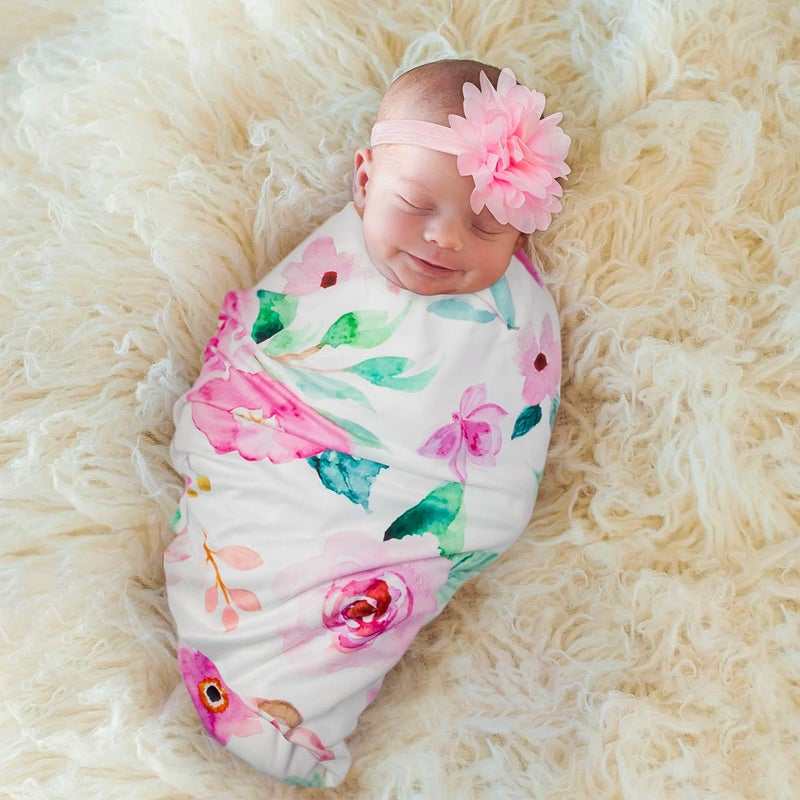 R HORSE Newborn Baby Swaddle Blankets Headband Sets Including 2 Pack of Floral Pattern Receiving Blanket & Headband for Baby Shower Newborn Gift (0-3 Months) - Image 5