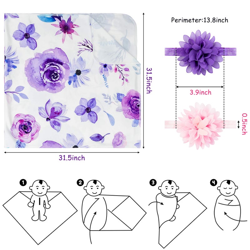 R HORSE Newborn Baby Swaddle Blankets Headband Sets Including 2 Pack of Floral Pattern Receiving Blanket & Headband for Baby Shower Newborn Gift (0-3 Months) - Image 2