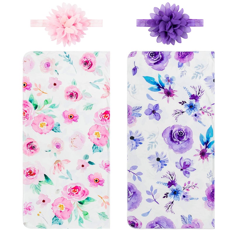R HORSE Newborn Baby Swaddle Blankets Headband Sets Including 2 Pack of Floral Pattern Receiving Blanket & Headband for Baby Shower Newborn Gift (0-3 Months) - Image 1
