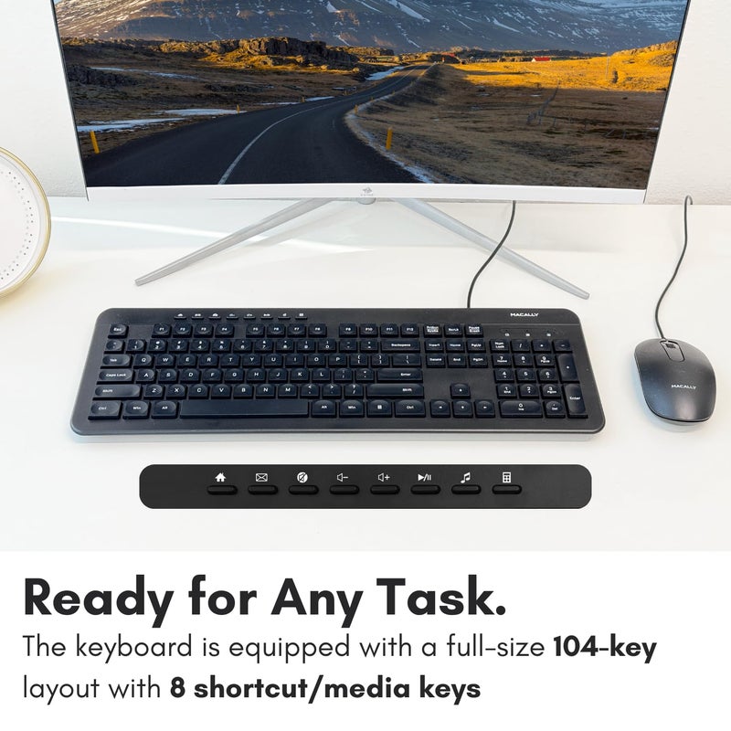 MACALLY Wired Keyboard and Mouse Combo, Macally Slim Full Sized Ergonomic USB Keyboard and Mouse Wired - Quiet Wired Mouse and Keyboard - Wire Corded Keyboard for Laptop and Desktop PC Computer - Image 4