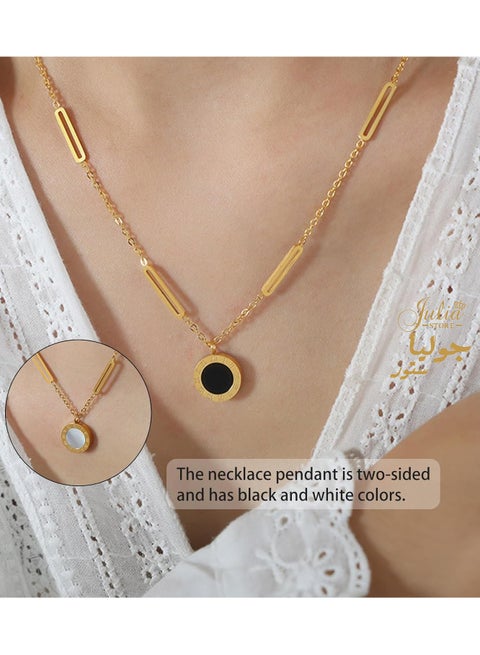 قلادة دائرية من الفولاذ المقاوم للصدأ مطلية بالذهب عيار 18 قيراطًا على الوجهين باللونين الأسود والأبيض مع سلسلة مشبك ورق كبير وأرقام رومانية مجوهرات للنساء