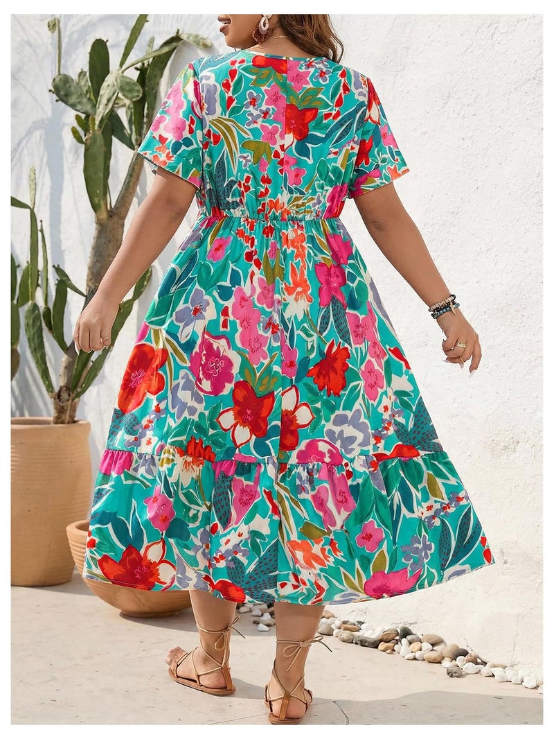 Floerns Women's Plus Size Wrap V Neck Short Sleeve Ruffle Hem A Line Short Dress Teal Green Multi X-Large Plus - Image 2