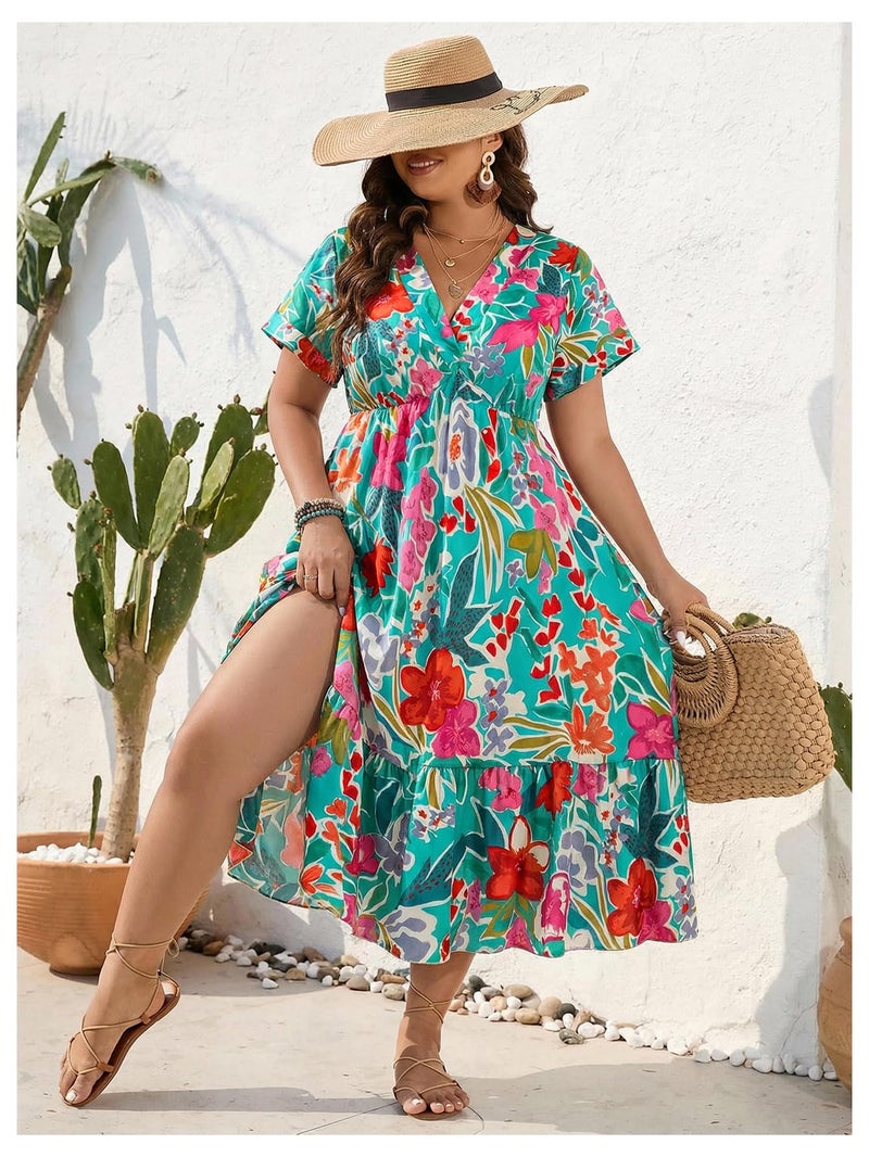 Floerns Women's Plus Size Wrap V Neck Short Sleeve Ruffle Hem A Line Short Dress Teal Green Multi X-Large Plus - Image 5