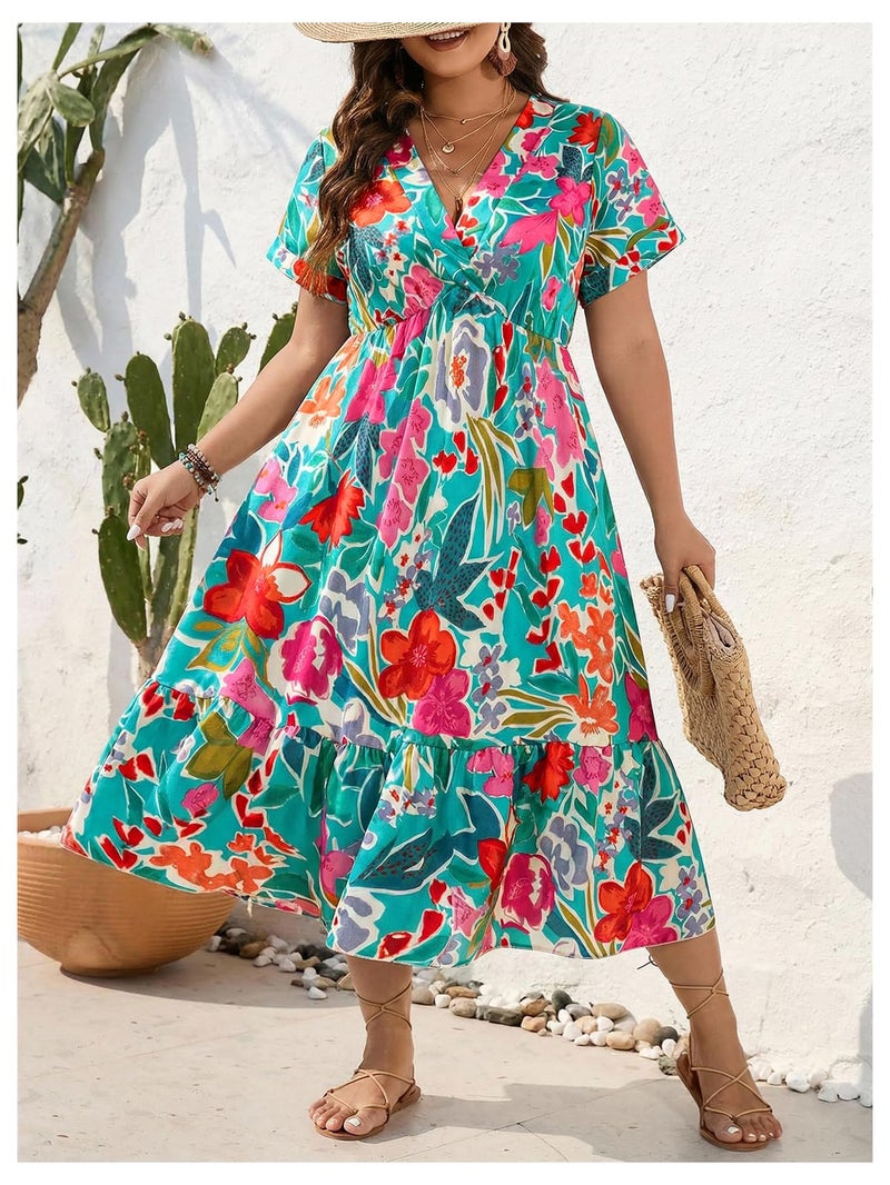 Floerns Women's Plus Size Wrap V Neck Short Sleeve Ruffle Hem A Line Short Dress Teal Green Multi X-Large Plus - Image 4