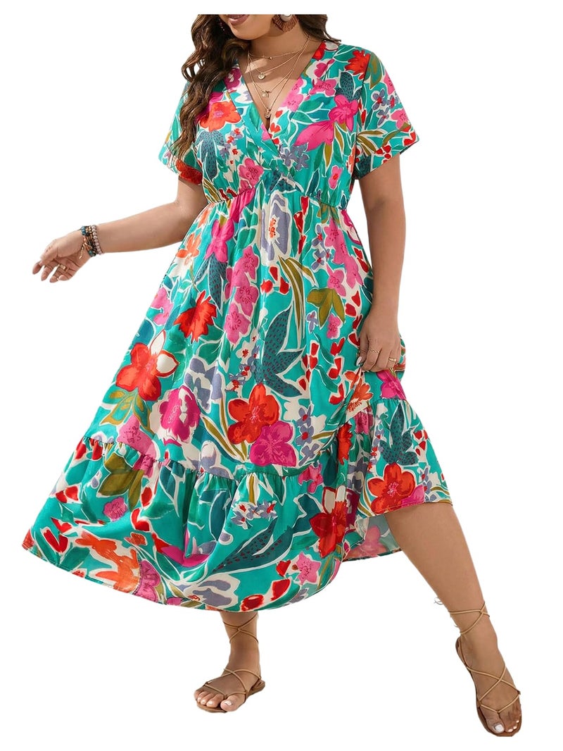 Floerns Women's Plus Size Wrap V Neck Short Sleeve Ruffle Hem A Line Short Dress Teal Green Multi X-Large Plus - Image 1